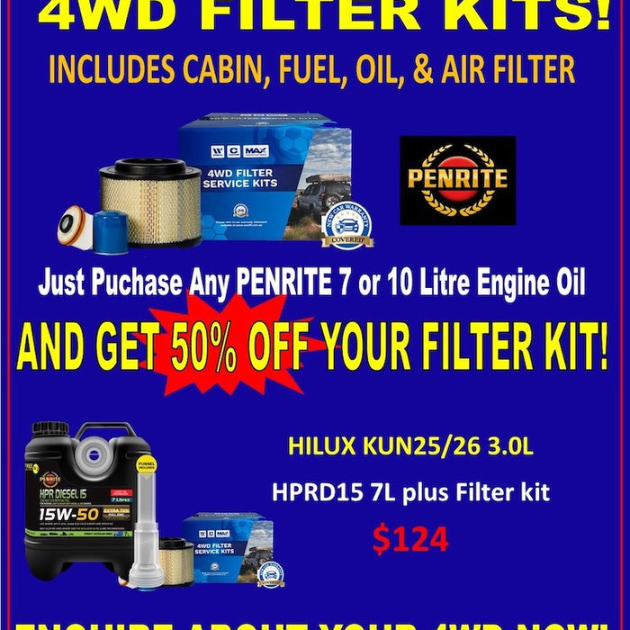 1/2 Price Filter Kits with any purchase of Penrite 7 or 10 Ltre Oil
