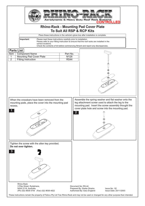 Mounting Pad Cover Plate To Suit All RSP & RCP Kits M126